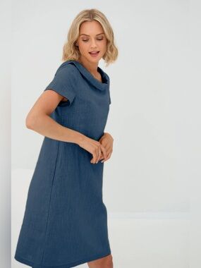 Le Muse Blue Linen Lagenlook Pocketed Dress
